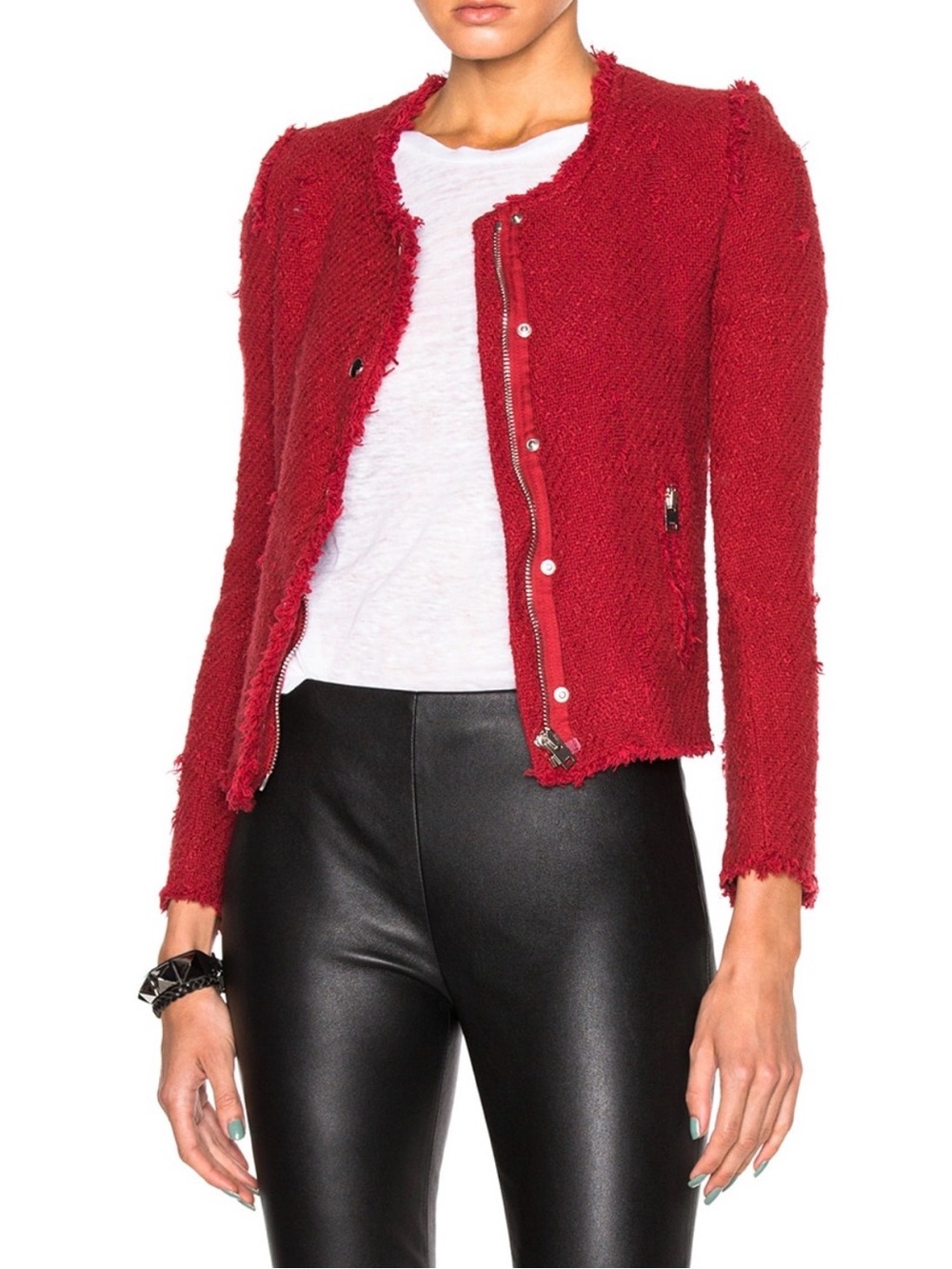 IRO Agnette Red Cotton Tweed Fringe Jacket EU 36